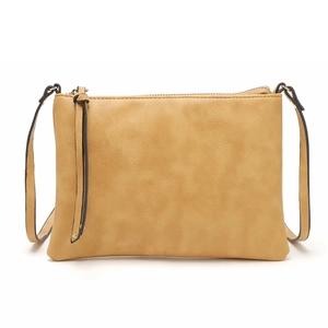 Close-up of light brown crossbody bag with textured faux leather and tassel zipper detail