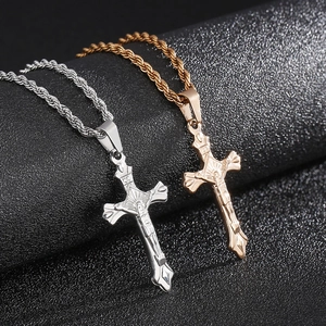 Men's stainless steel crucifix pendant necklaces in gold and silver on twisted chains