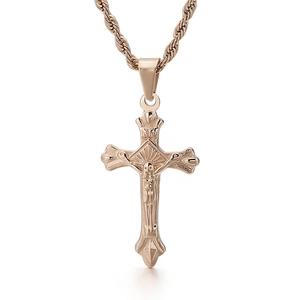 Men's rose gold stainless steel cross necklace with Jesus crucifix pendant on white background