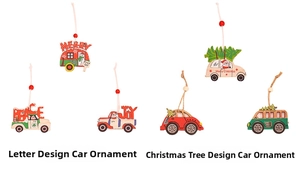 Detail of wooden Christmas car pendants with Merry Peace Joy lettering and Santa motifs