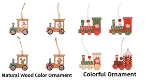 Set of eight wooden Christmas train ornaments featuring Santa, reindeer, and bear motifs