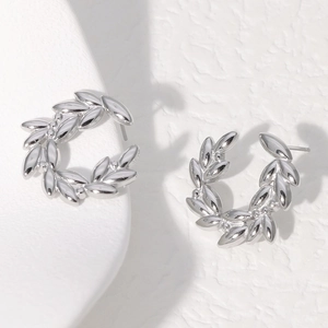 Minimalist silver leaf stainless steel stud earrings in olive branch wreath design