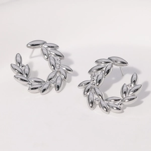 Polished stainless steel leaf branch stud earrings in a silver wreath shape design