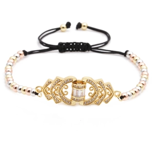 Close-up of adjustable woven bracelet with micro-pave cubic zirconia and multicolor beads