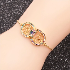 Adjustable gold bracelet for women featuring hollow design and multi-colored zircons