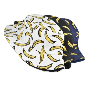 Three-pack cotton bucket hats with yellow banana prints in white, black and navy blue