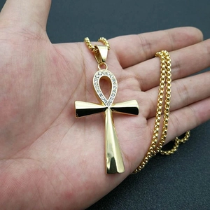 Golden Egyptian Ankh Key pendant necklace with crystal accents on a sturdy box chain