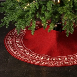 Gonna per albero di Natale in maglia rossa con motivi di fiocchi di neve e decorazioni