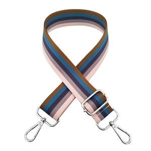 Detail of adjustable rainbow striped bag strap with shiny silver lobster metal clasps