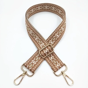 Retro geometric diamond jacquard 3.8cm wide shoulder strap with gold metal buckles