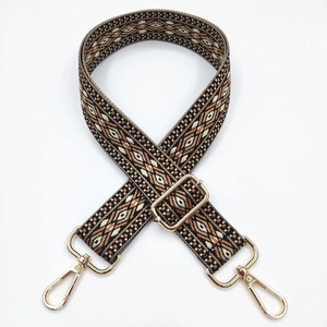 Ethnic embroidered jacquard bag strap with geometric rhombus patterns and gold buckles