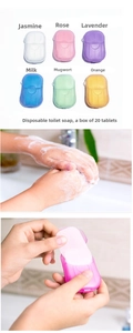 Vertical collage showing six scented soap sheet boxes and hand washing usage details