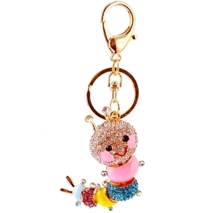 Sparkly rhinestone caterpillar keychain for women with colorful crystals and gold metal finish