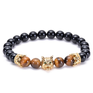 Natural tiger eye and agate beaded bracelet with golden wolf head charm and zircon crown