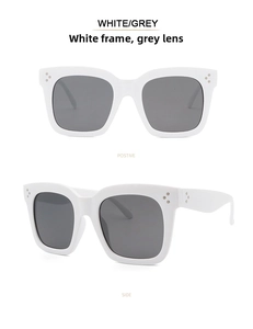 Details einer weißen quadratischen Sonnenbrille mit grauen Gläsern und Metallnieten