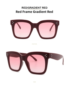 Detailansicht der roten quadratischen Sonnenbrille mit Verlaufsgläsern in Rosa