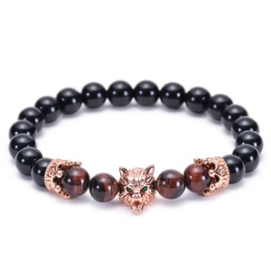 Red tiger eye and black agate beaded bracelet with rose gold wolf head and crown charms