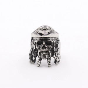 Vintage stainless steel pirate skull ring for men with detailed captain hat and braids