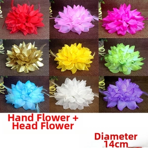Detail view of colorful 14cm feather and mesh flower accessories in 9 vibrant color options