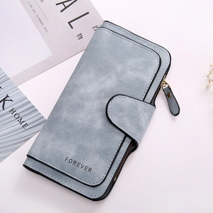 Gray-blue matte leather long wallet for women with zipper pocket and snap closure
