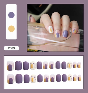 Detailed layout of purple and ginger abstract hand-painted press-on nail set R089
