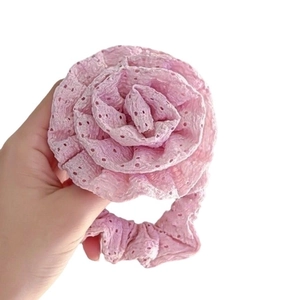 Pink lace rose flower scrunchie with layered 3D petals for hair styling accessories