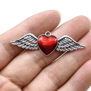 Gothic heart with silver wings pendant and red enamel finish for necklaces