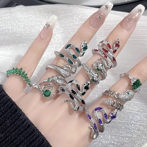 Snake Shaped Copper Rings Inlaid Colorful Zircon Open Adjustable Jewelry Retro Gothic Animal Style For Women