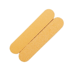 Detail of two orange mini nail buffer files showing coarse abrasive sandpaper texture