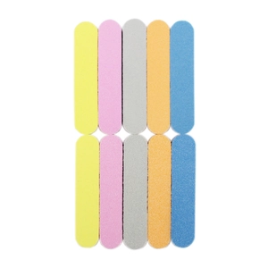 Close-up of colorful 10-piece mini nail file sponges in yellow, pink, grey, orange and blue