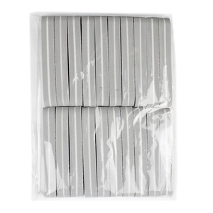 Pack of 20 grey mini nail sponge buffers with white stripes in clear plastic bag