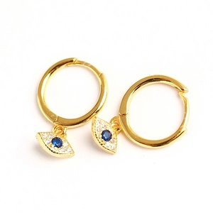 S925 sterling silver evil eye hoop earrings with sparkling blue crystal and gold plating