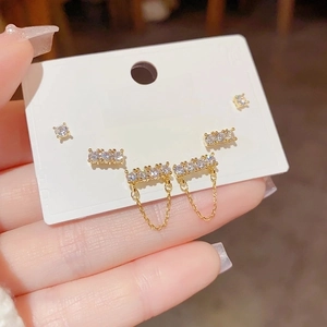 S925 silver needle tassel zircon earrings set with sparkling gold finish on white card