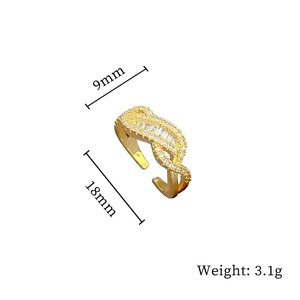Detail view of 9mm wide twisted gold ring with pavé zircon setting and dimensions