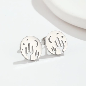 Minimalist silver geometric stud earrings featuring hollow cactus moon and star patterns