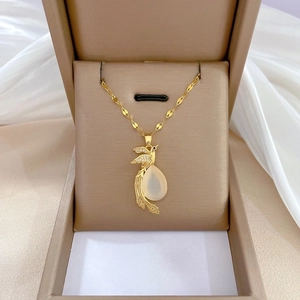 Luxury Stainless Steel Gold Phoenix Pendant Necklace Teardrop Cat Eye Stone Rhinestone Paved Choker Jewelry For Women
