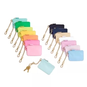 Mini nylon coin purses and key pouches with metal chains in various vibrant colors