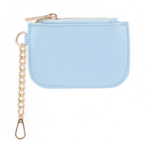 Detail of light blue nylon coin pouch with gold zipper and metal lobster clasp chain