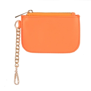 Detail of compact orange nylon coin purse with golden zipper closure and keychain hook