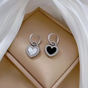 Minimalist titanium steel heart drop earrings with black and white shell inlay accents
