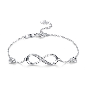 Detailed view of S925 sterling silver infinity bracelet with pavé zirconia heart link