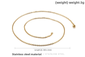 Detail of 2mm gold stainless steel O-chain showing lobster clasp and 500mm length dimensions