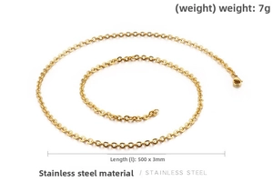 Macro detail of 3mm wide gold stainless steel O-chain necklace showing 500mm length specs