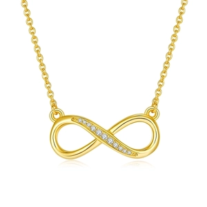 Gold infinity pendant necklace with white diamonds in S925 silver on white background