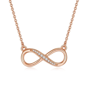 Rose gold infinity pendant necklace with small white diamonds and matching thin chain