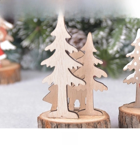 Front and back detail of handcrafted wooden Christmas tree and reindeer decorations
