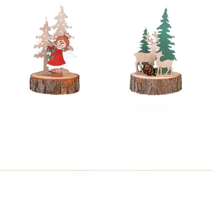 Detail of wooden Christmas tree tabletop ornaments with angel and reindeer styles