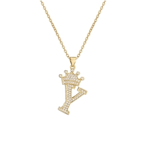 Detailed shot of letter Y pendant featuring a gold-plated crown and sparkling zircons