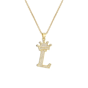 Detailed view of a gold-plated crown letter L pendant necklace with zircon stones
