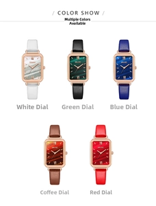 Detailed color show of square quartz watches with wave pattern dials and leather straps
